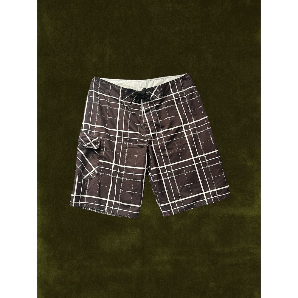 Quiksilver Mens Brown White Plaid Board Shorts Y2K Cargo Pocket Size 34-35